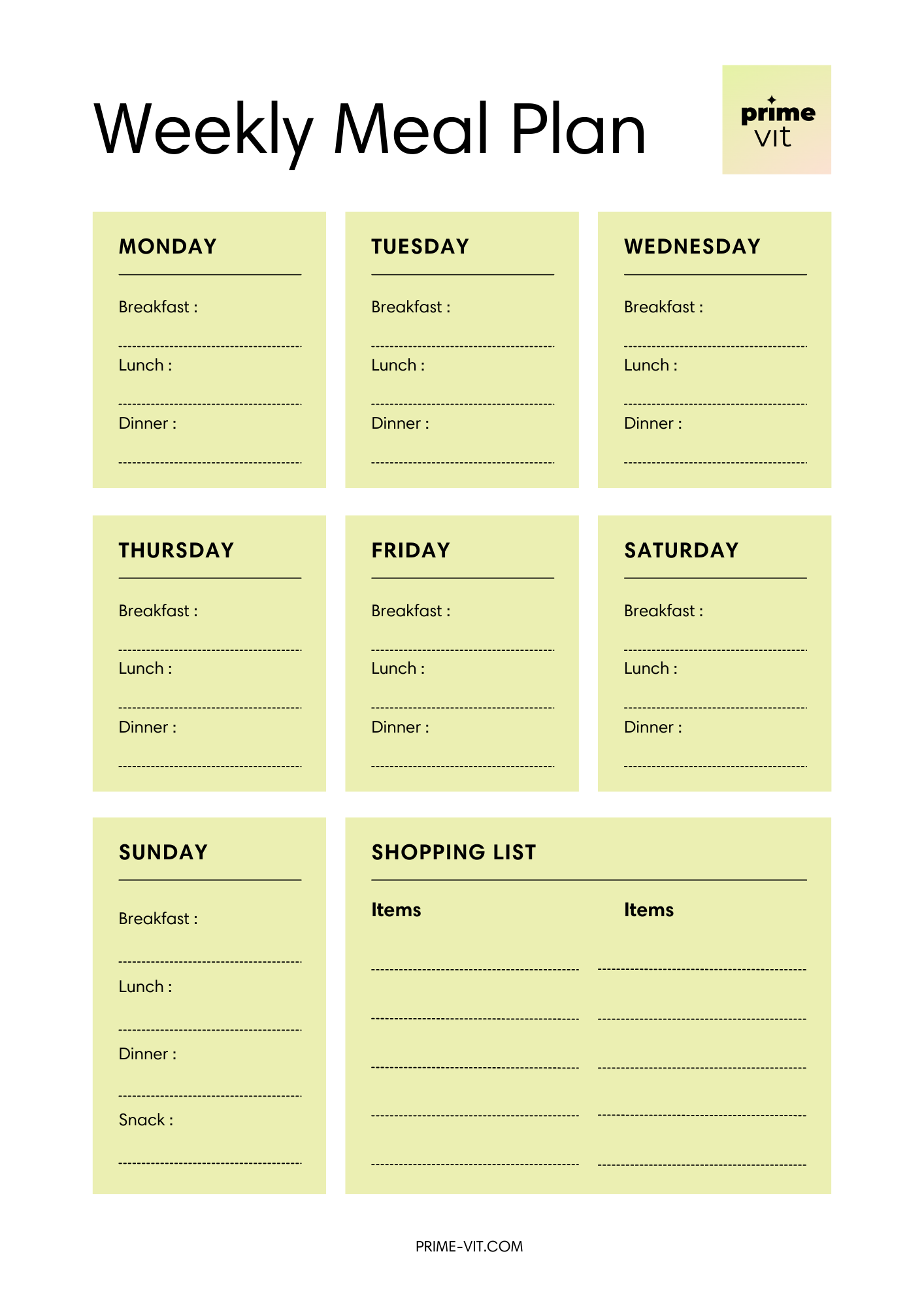 Weekly Meal Planner Menu A4